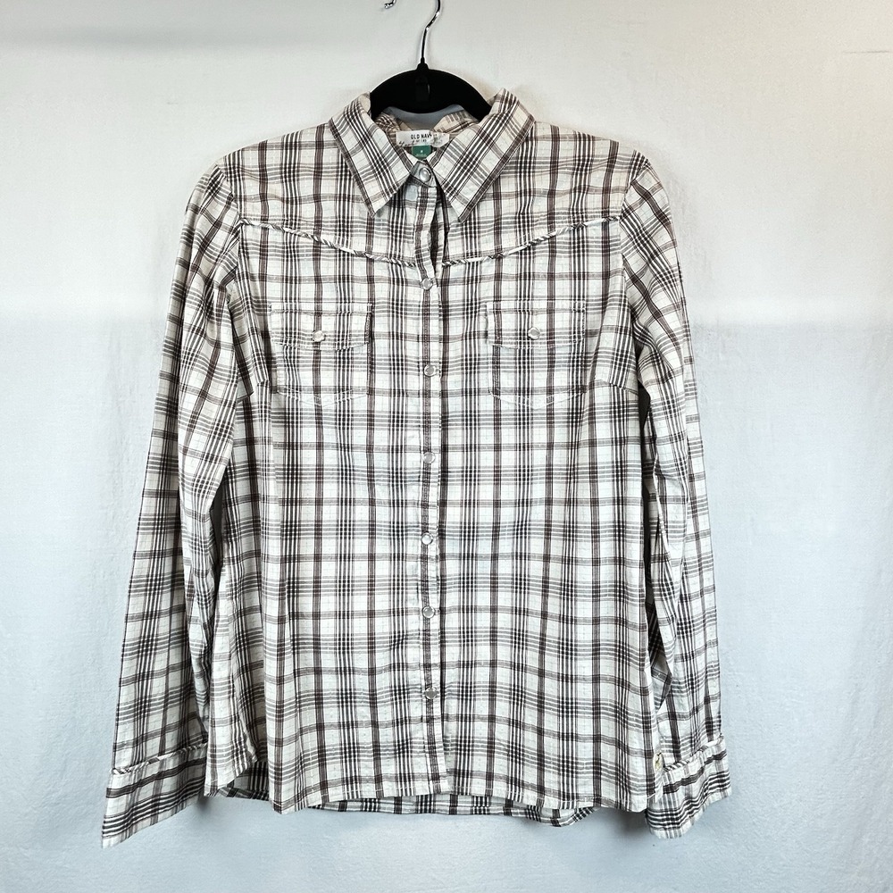 Y2K 90's Women Brown Tan Western Pearl Snap Cotton Shirt Long Sleeve Yoke Medium